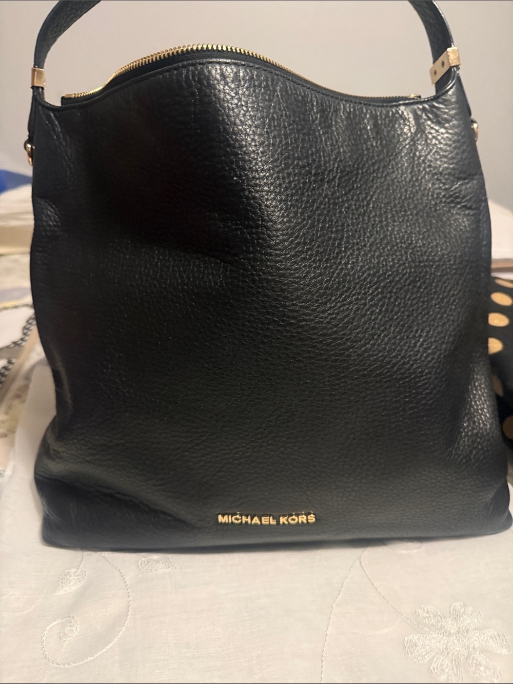 Michael Kors Black Pebbled Leather Shoulder Hobo with Gold Logo